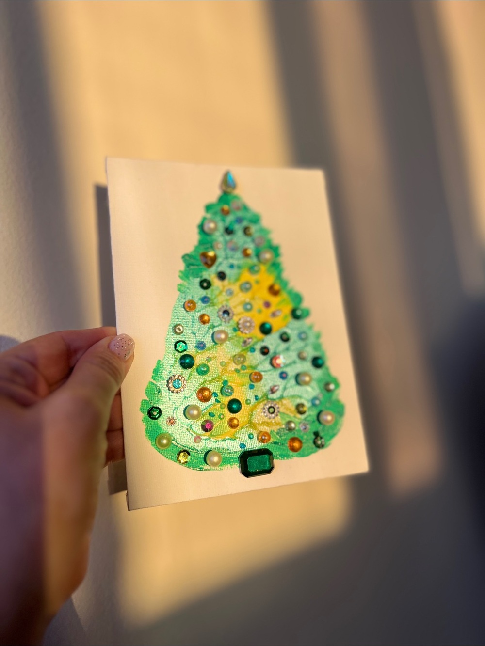 Handmade Green & Yellow Christmas Tree Canvas with Gem Embellishments 5x7 inch - Picture 8 of 8